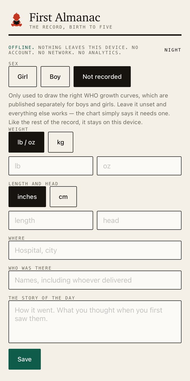 The birth page: sex, weight in pounds or kilograms, length, where, who was there, and the story of the day.